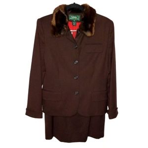 LAUREN RALPH LAUREN Women's 2 PC buisness suit Faux Fur Collar Brown Wool Blazer